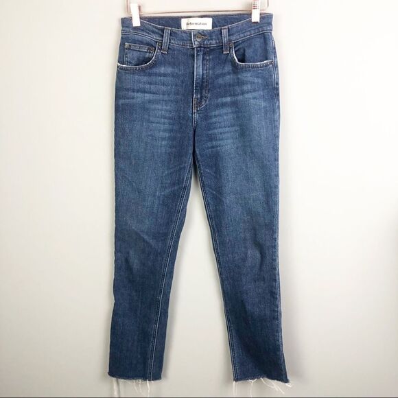 Reformation Denim - REFORMATION | Mid Rise Slim Jeans in Kasai with Raw Edge Hem Distressed Size 26